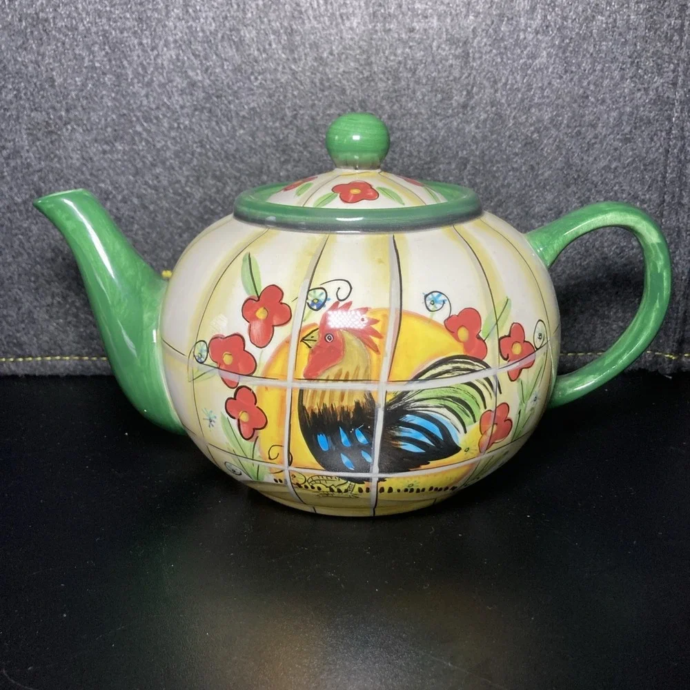 Vintage Rooster Farmhouse‎ Ceramic Teapot Floral Sunrise W/ Lid